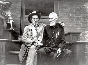 Veterans of Gettysburg, Union and Confederate, shake hands in 1913.